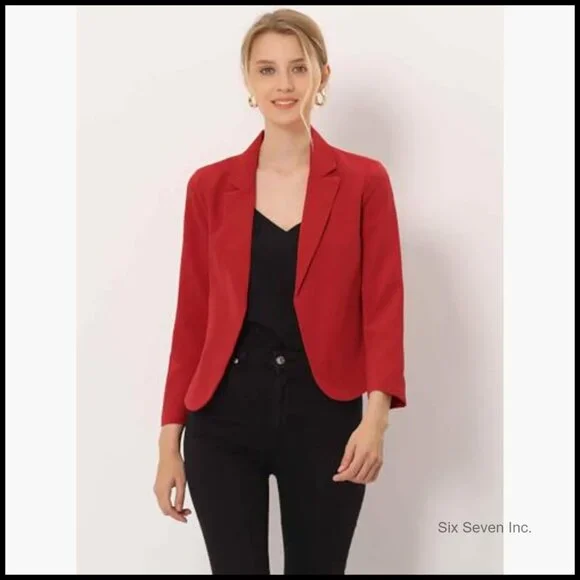 Polyester Blazer Open Front Crop Jacket Business Casual Office Wear